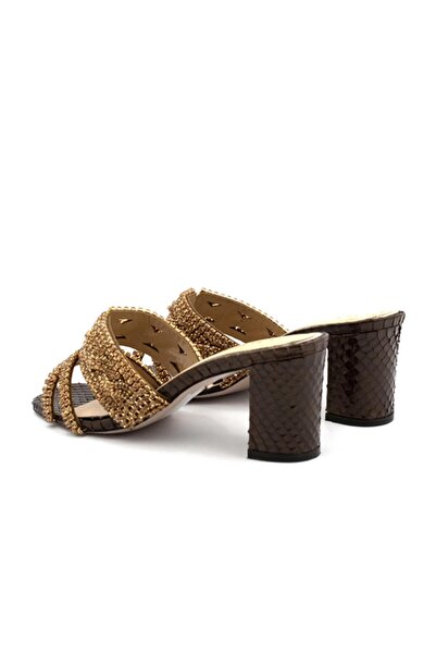 Vario Taş İşlemeli Yüksek Topuklu Terlik Kahverengi Yılan Baskı (BROWN SNAKE PRİNT)
