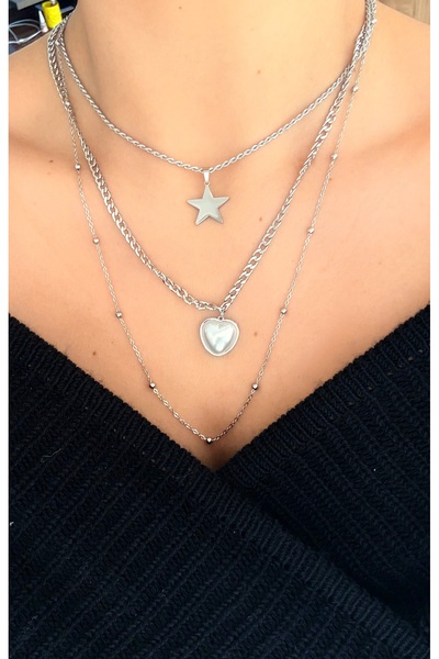 GM TAKI Stainless Steel 3-Piece Silver Color Layered Necklace with Star and H...