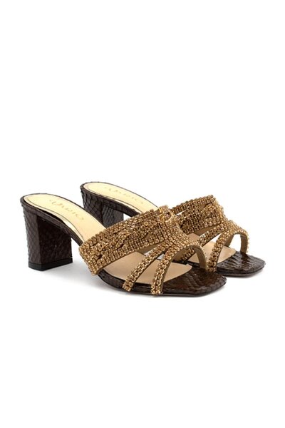 Vario Taş İşlemeli Yüksek Topuklu Terlik Kahverengi Yılan Baskı (BROWN SNAKE PRİNT)