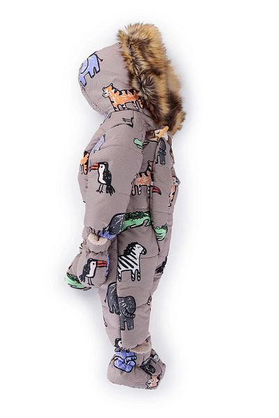 DeKuBaby Winter Astronaut Jumpsuit for Baby Boy - Cute Animals Patterned, Furry Hood and Gilded
