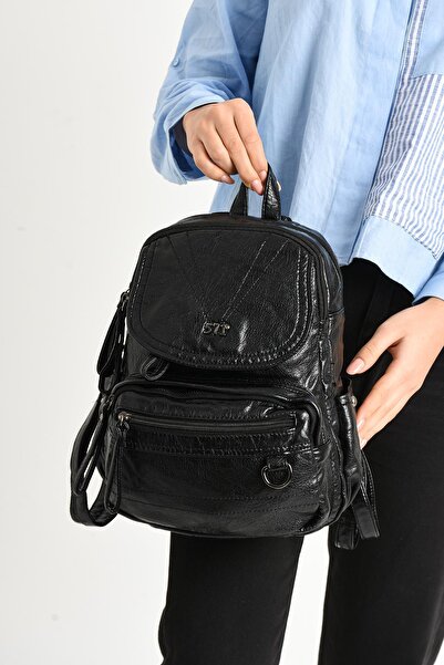 571 Collections Çanta Black Faux Leather Soft Backpack - Model: 571-11-12H