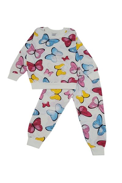 demir kids Girl's Butterfly Patterned Seasonal Cotton Ecru Pajama Set