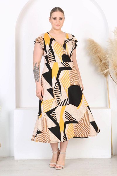Madwilo Women Yellow Black Geometric Pattern Ruffle Sleeve Double Breasted Collar Large Size Maxi Dress