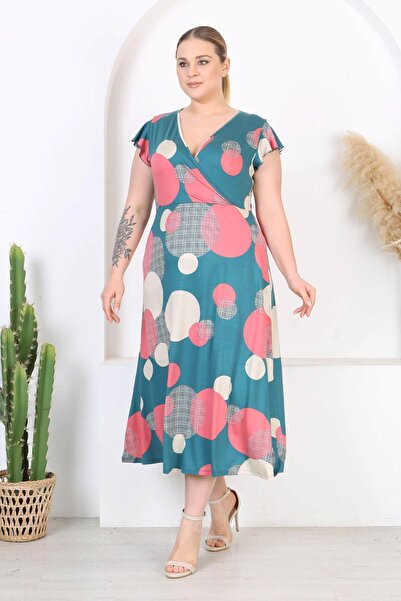 Madwilo Women's Green Pink Polka Dot Pattern Ruffle Sleeve Double Breasted Collar Large Size Maxi Dress