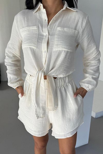 ZISHAN Muslin Fabric Soft Double Set Tie-Up Crop Shirt and Shorts 100% Cotton 1000