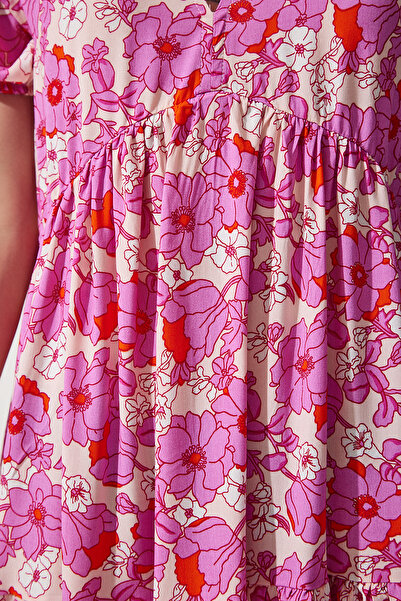 Lovelyİstanbul Çiçekli Yazlık Viskon Kloş Elbise PEMBE LUB0088