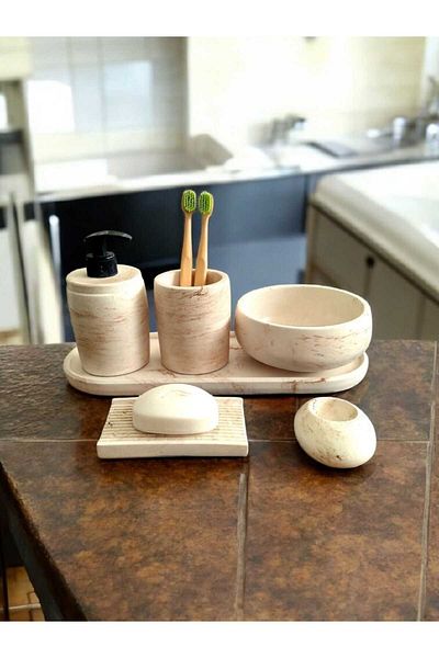 Trust Stone Σετ μπάνιου 6 τεμαχίων σειράς Beige Marble, Σετ αξεσουάρ από σκυρόδεμα με θήκη οδοντόβουρτσας διανομέα υγρού σαπουνιού