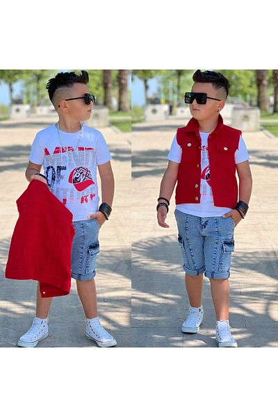 Burçak Butik Boy's Denim Vest / Denim Trousers / Suprem T-Shirt 3-Piece Combination