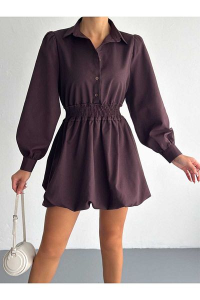 Butik Merrline Γυναικείο Καφέ Μίνι Μπαλόνι Φόρεμα με Κουμπιά Πέτο πάνω από το Γόνατο