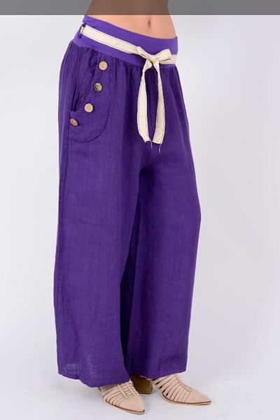 AYASOFYA OTANTIK Women's Italian Purple Button Detailed Loose Wide Leg Loose Linen Trousers with Belt