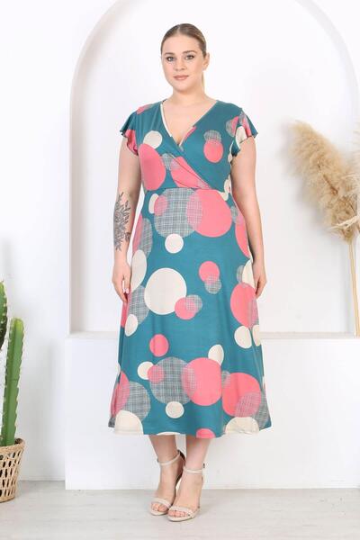 Madwilo Women's Green Pink Polka Dot Pattern Ruffle Sleeve Double Breasted Collar Large Size Maxi Dress