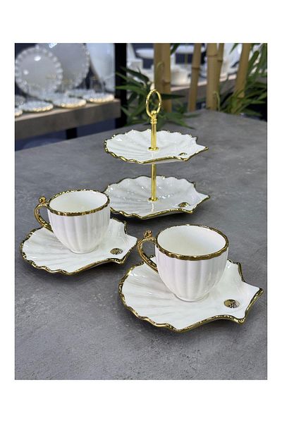 Doğudeko Luxury Porcelain 2 Piece Cup Set Oyster Presentation Gold