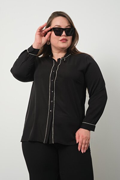 Moda Days Büyük Beden Siyah Taşlı Süslemeli Dik Yaka Kadın Gömlek