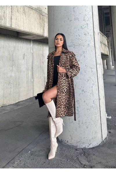 Kinzi Women's Leopard Print Stylish Trench Coat Long Chic and Style Outerwear