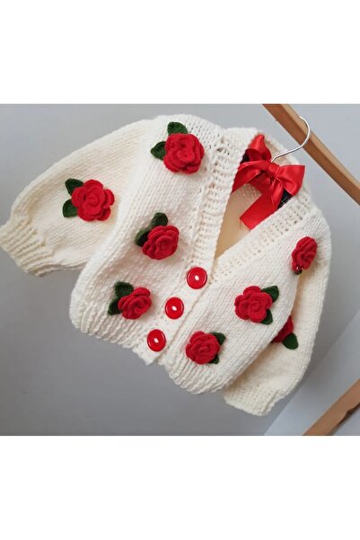 ThreadArtByNur El Örgüsü Gül Detaylı Bebek Hırkası