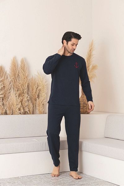 meynur moda Σετ ανδρικές πιτζάμες μακρυμάνικο χτενισμένο βαμβακερό πλεκτό