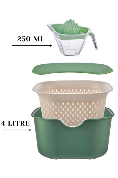 Espas Home 4 Piece Multipurpose Set - Blue - Mixing Bowl, Strainer, Cutting Board, Lemon Squeezer