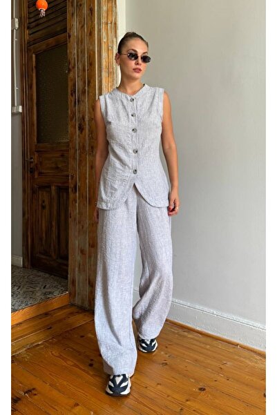 POİSE Linen Flared Fabric Vest Pants Set