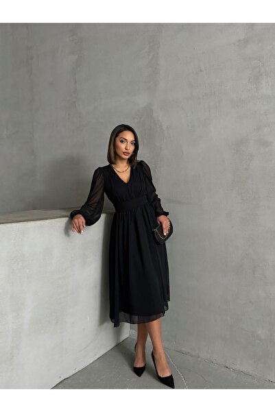 BEJNA Γυναικείο φόρεμα σιφόν μαύρο πίσω δέσιμο