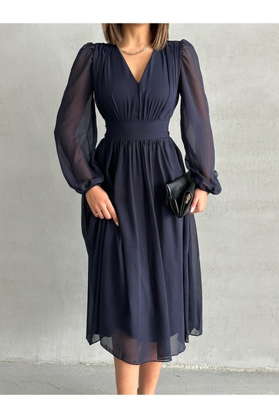 BEJNA Női sötétkék hátsó fűzős sifon ruha