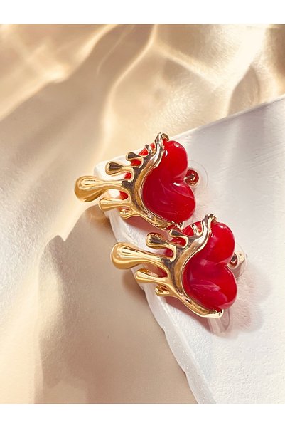 WisstoriaCollections Gold Color Red Pearlescent Flowing Heart Model Women's Earrings