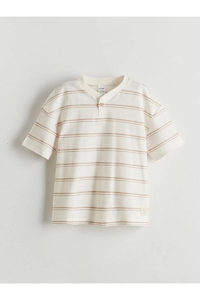 LC Waikiki LCW Παιδικό Μπεζ χτενισμένο βαμβακερό ριγέ μπλουζάκι για αγόρι