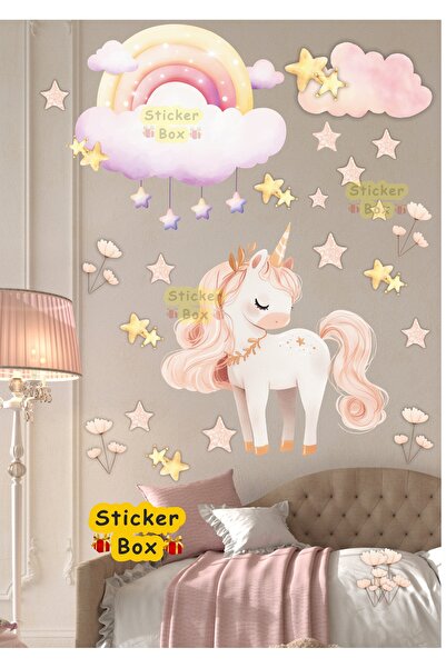 Think And Print Soft Bulutlu Yıldızlı Unicorn Çiçekli Kız Çocuk Odası Duvar S...