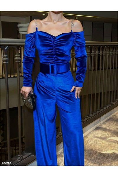 Cbm Women's Modanna Collar Chain Strap Detail Velvet Fabric Jumpsuit Including Belt
