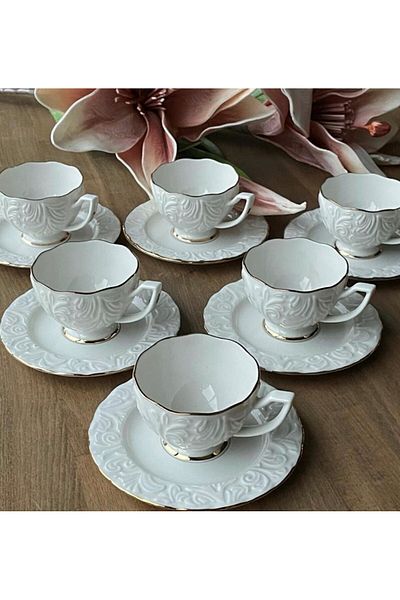 İpek White Modern Porcelain Cup Set for 6 People - 85 ml Brown