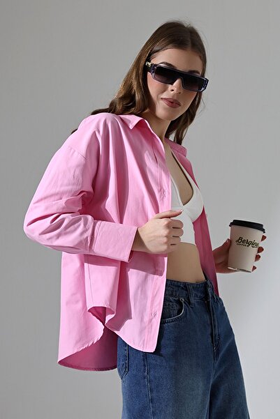 Lingeretta Kadın Gömlek Pembe Oversize Rahat Kesim Poplin Kumaş Gomlek Yeni M...