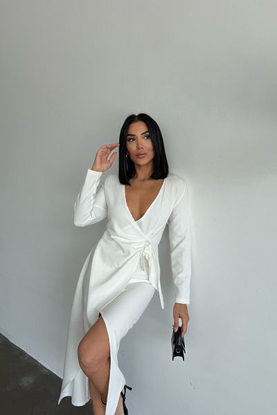 MAGGAZA White Double Breasted Brooch Detailed Dress