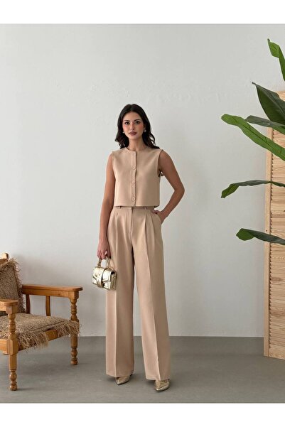 CYU طقم سترة وبنطلون بفتحة بيج للنساء