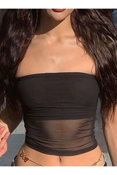 f-maskfashion SİYAH STRAPLEZ TÜL DETAYLI CROP