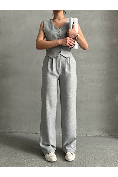 BEJNA Kadın Gri Keten Dokulu Yelekli Takım