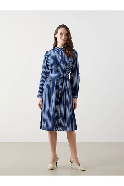 LC Waikiki Lcw Grace Navy Blue Striped Poplin Women's Shirt Dress