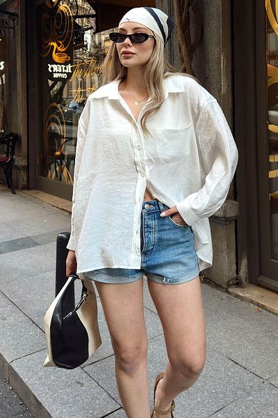 Swist White Due Oversize Modal a Pile Single Pocket Women's Shirt