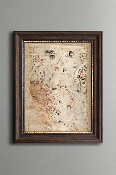 epiqart Piri Reis Dünya Haritası - Vintage Desenli Çerçeve
