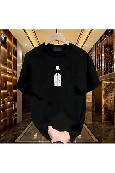 donamod Tricou negru pentru bărbați cu imprimeu Man in The Hat