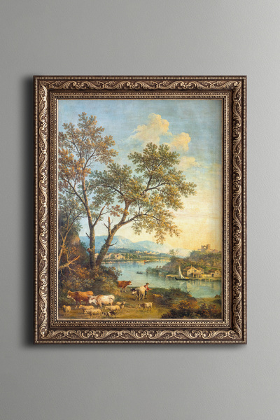 epiqart Çoban ve Arkasında Bir Köy Bulunan Bir Nehir Manzarası - Vintage Dese...