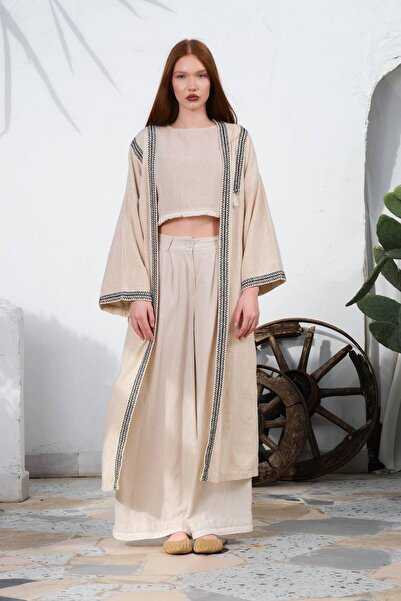 BENDİSTAR BUTİK Ekru İşlemeli Uzun Keten Kimono