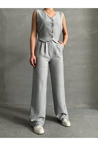 BEJNA Kadın Gri Keten Dokulu Yelekli Takım