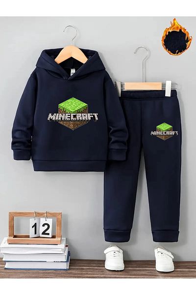 Maki Home Maki Video Game Logo Printed Navy Blue Boys' and Girls' Tracksuit Set 5-12 Sizes