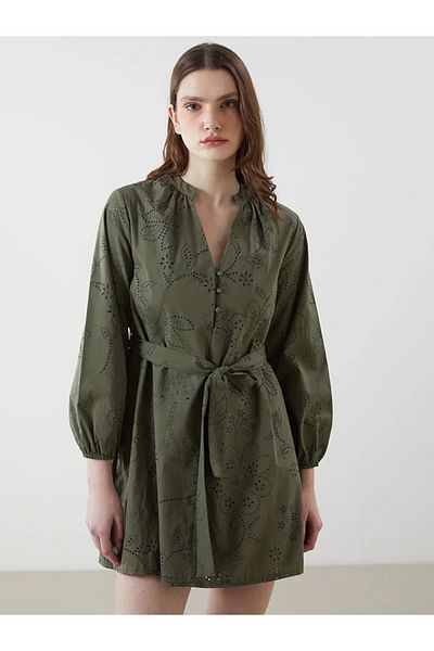 LC Waikiki Lcw Vision Green Collar Self-Patterned Embroidery Women's Dress