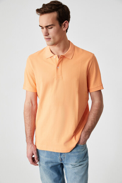 GRIMELANGE Zeke Men's Polo Neck Relaxed Fit Placket Button Short Sleeve Orange T-Shirt