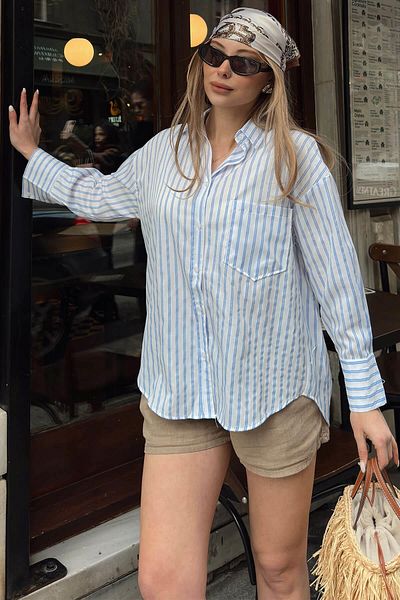 Swist White Double Cuff Striped Single Pocket Shirt Collar Women's Shirt