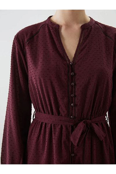 LC Waikiki Lcwaikiki Classic Burgundy Runaway Collar Textured Women's Dress
