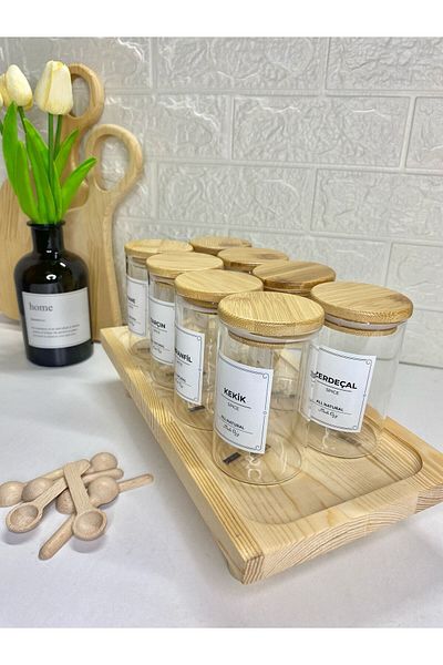 MODA OZY 250 ml Spice Rack with Bamboo Indoor Wooden Stand Storage Jar with Label (Spoons Included)
