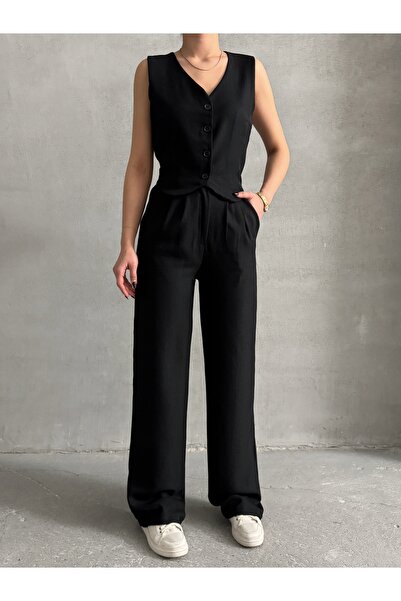 BEJNA Women's Black Linen Textured Vest Suit