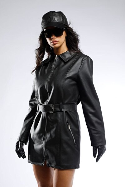 Jaglion Jachetă de piele oversize cu centură lungă pentru femei sezon nou