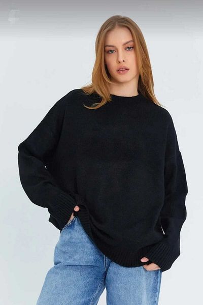 trikomode Black Crew Neck Oversize Women's Soft Knitwear Sweater